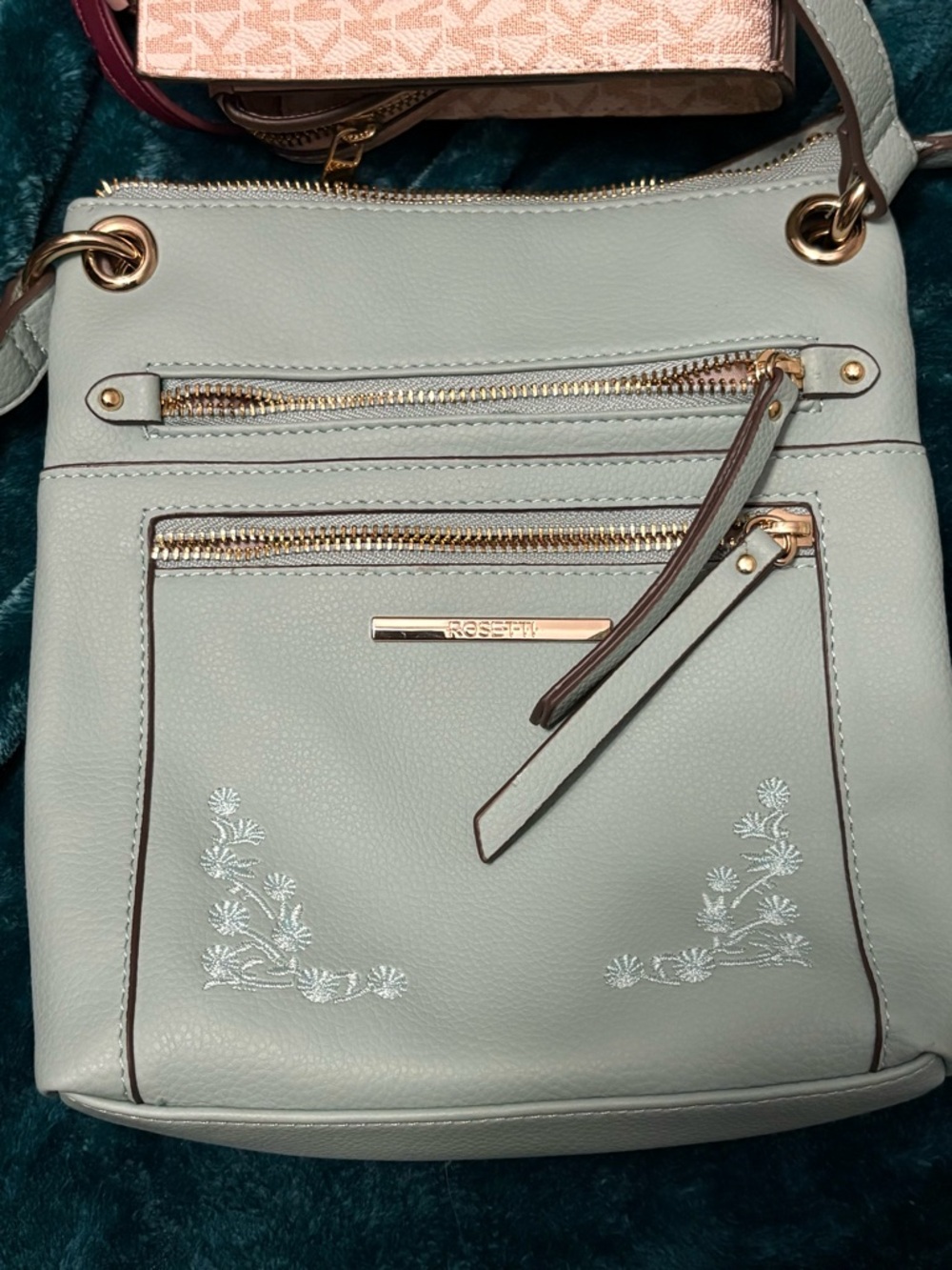 Rosetti Seafoam Green Crossbody Bag with Floral Embroidery
